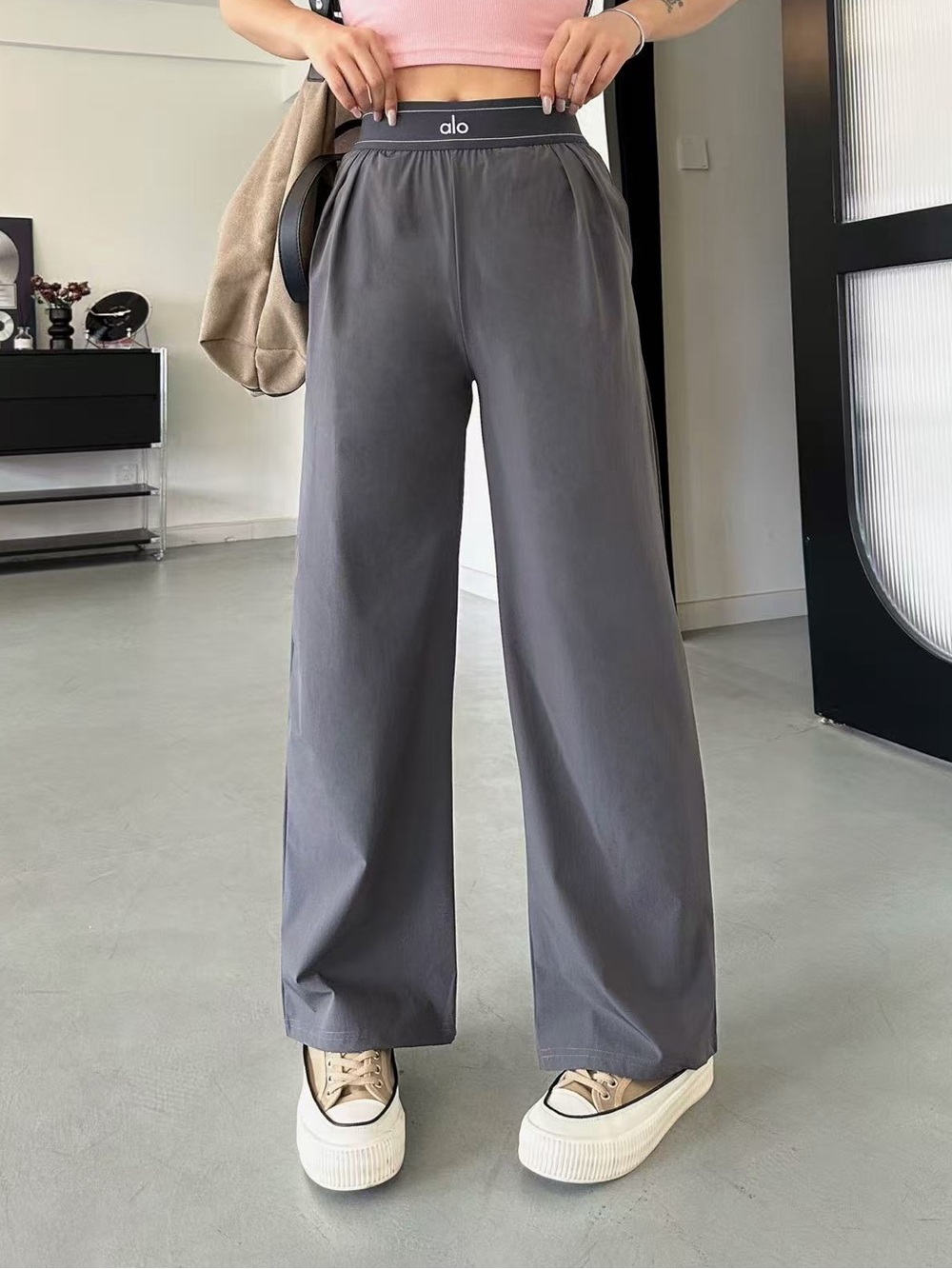 ALO Yoga Wide-Leg Lounge Pants in Charcoal Gray - Picture 1 of 7